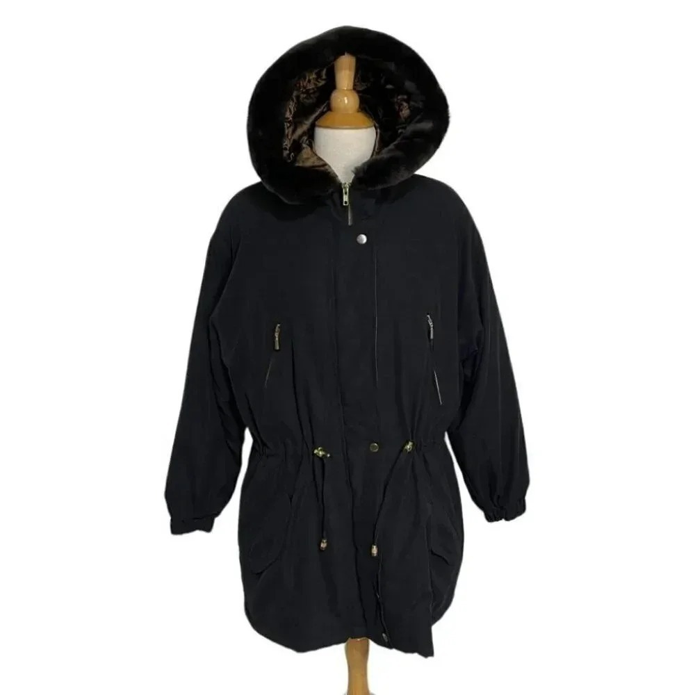 Y2K Metropolitan New York Parka Jacket M Black Faux Fur Hood Drawstring  Utility